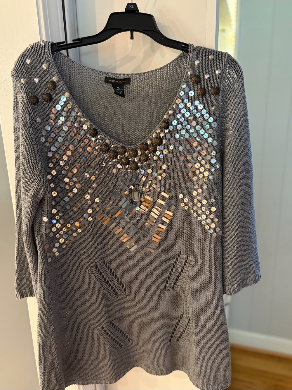 BCBGMaxAzria Gray Sequin & Bead V-Neck Sweater